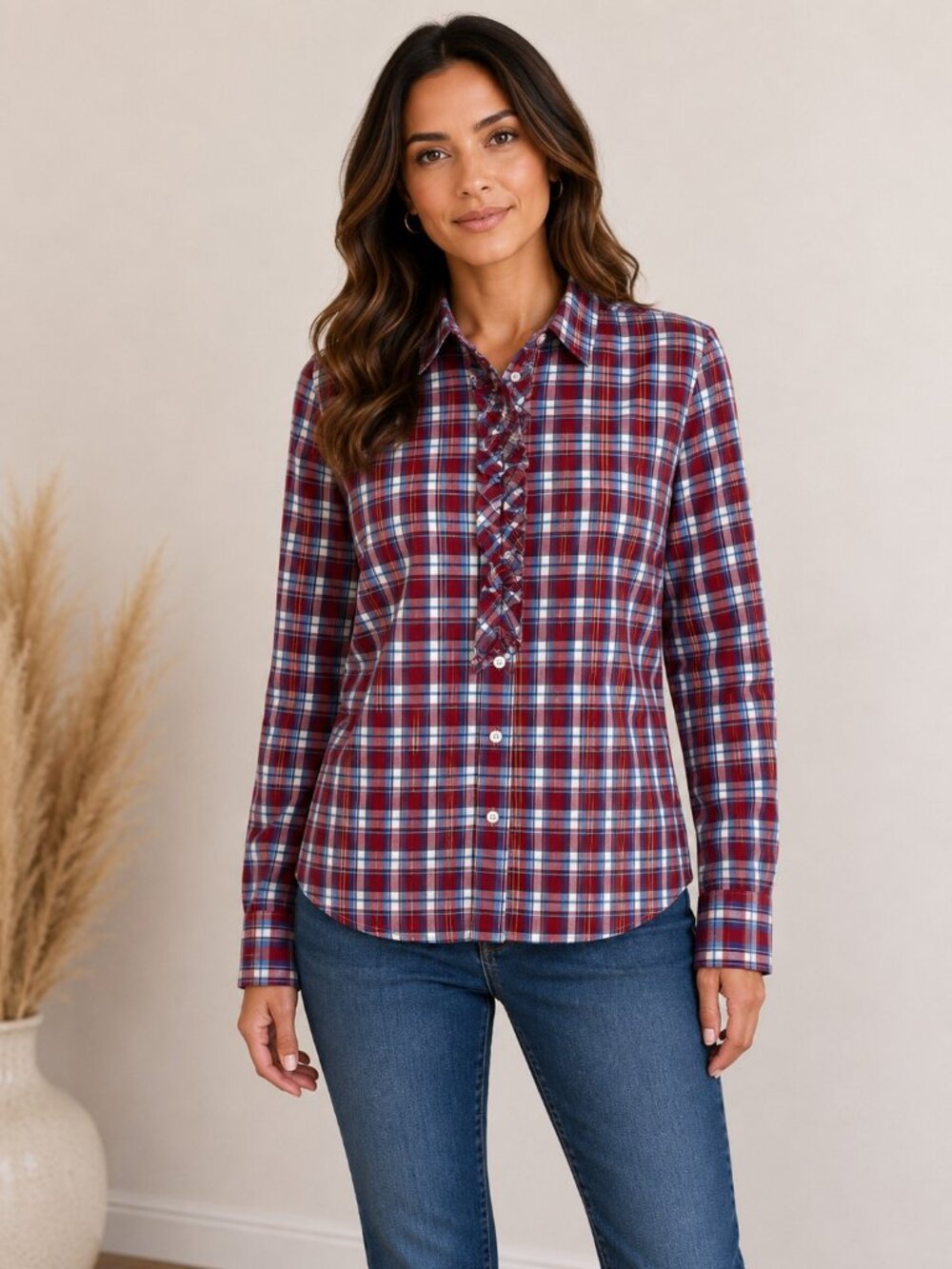 Talbots Top Women Size 6 Red Blue Plaid Ruffle Button-Front Preppy Western